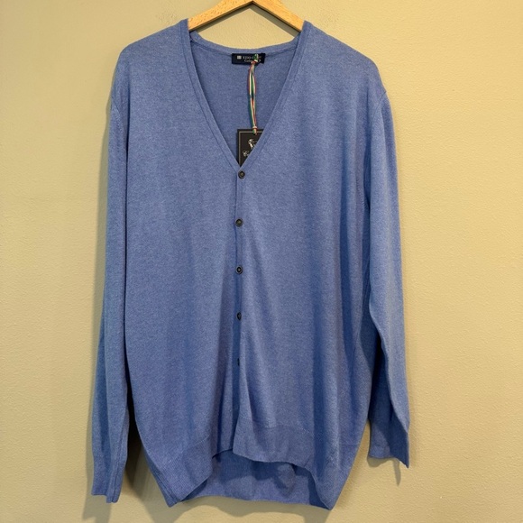 Ezio Corsi Men's Blue V-Neck Cardigan Sweater Wool Cashmere Silk Italy XL - Picture 1 of 5